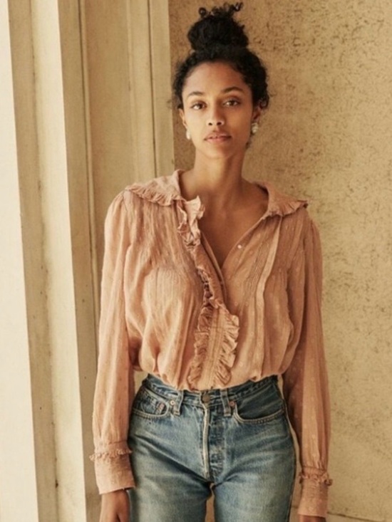 Doen Tops - DÔEN Dilly Toffee Ruffle Trim Cotton Blouse Medium Romantic Boho
